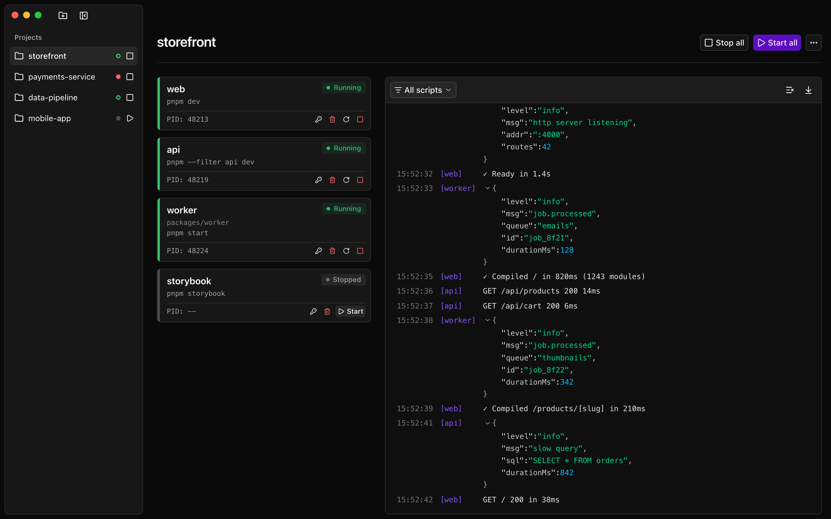 Runara running a storefront monorepo with web, api, worker, and storybook scripts plus aggregated logs