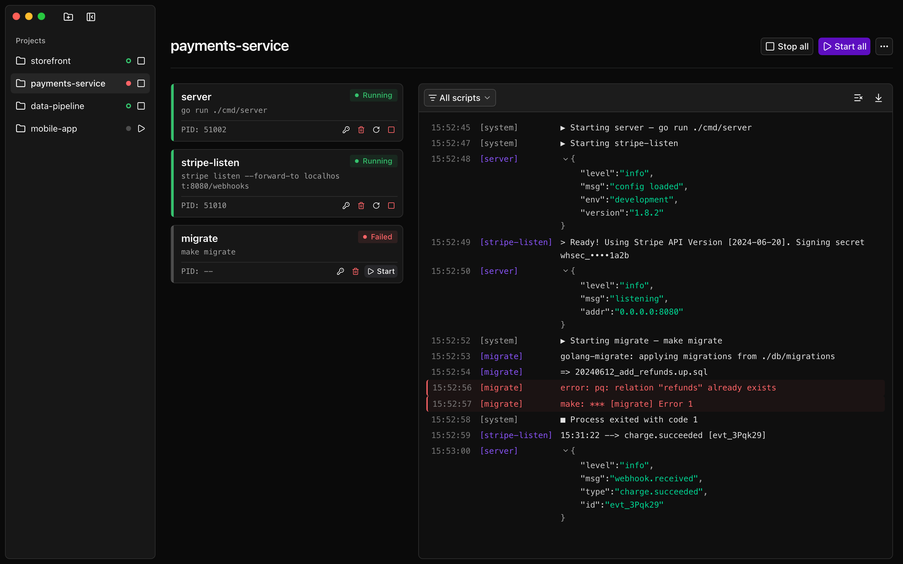 Runara payments-service project with a failed migrate script and red-highlighted error logs
