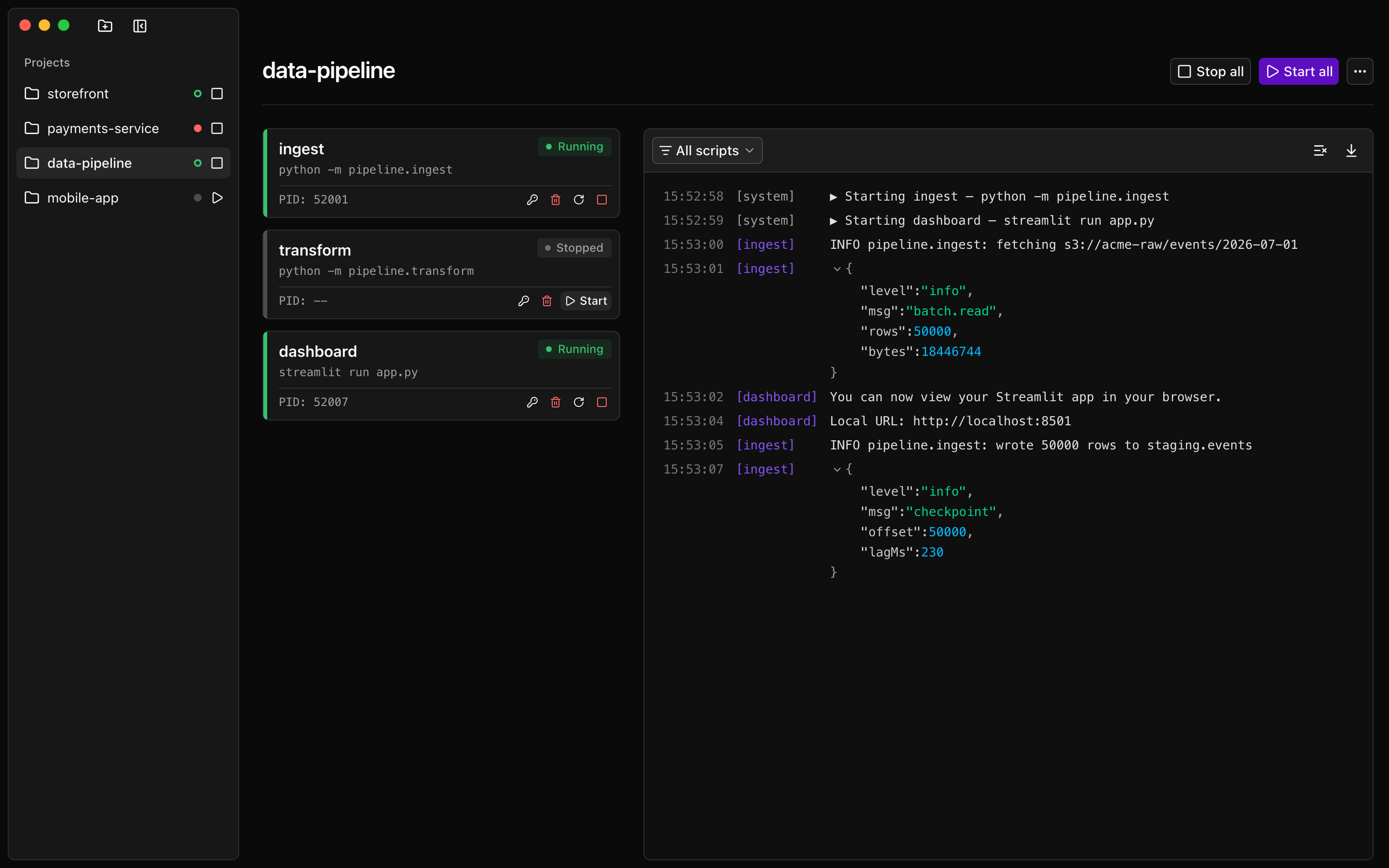Runara data-pipeline project showing pretty-printed JSON logs from ingest and dashboard scripts